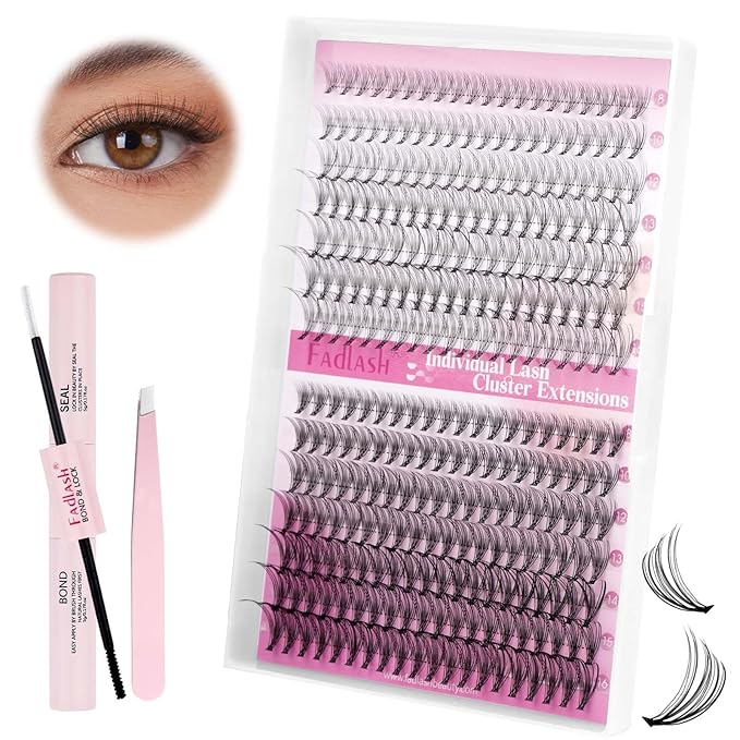 FADLASH DIY Lash Extension Kit Individual Lashes Cluster D Curl Eyelash Extension Kit with Lash Bond and Seal and Lash Applicator Tool for Self Application at Home (10D+20D-0.07D-8-16MIX KIT)