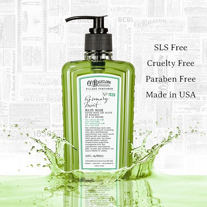 C.O. Bigelow Hand Wash, Rosemary Mint Soap, No. 1526 - Village Perfumer Moisturizing Hand Wash for Bathroom & Kitchen with Aloe Vera, 10 fl oz, Pack of 2