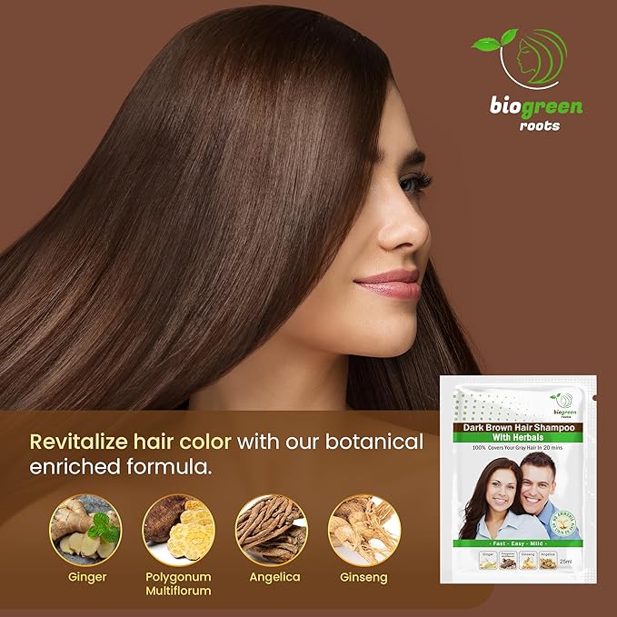 Ammonia-Free Herbal Hair Shampoo - Covers Gray Hair for Men & Women - Natural Color & Nourishment - No Skin Stains - Dark Brown (20 sachets x 25 ml)