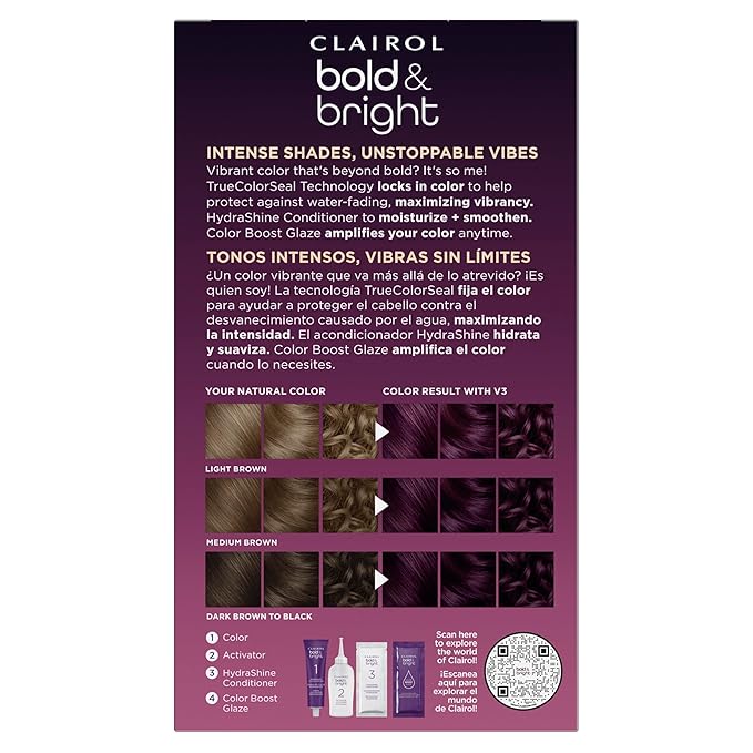 Clairol Bold & Bright Permanent Hair Dye, V3 Intense Passion Plum Hair Color, Pack of 1
