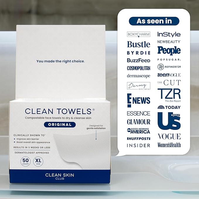 Clean Skin Club Clean Towels XL®, 100% USDA Biobased Face Towel, Disposable Face Towelette, Eczema Association Accepted, Makeup Remover Dry Wipes, Ultra Soft, 50 ct per pack, 2 Packs, 100 Ct Total