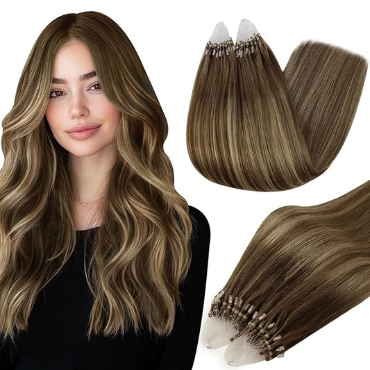Full Shine Micro Ring Human Hair Extensions Color 4/24/4 Brown and Blonde Balayage Micro Link Hair Extensions 16 Inch Natural Remy Hair 50 Grams add Volume