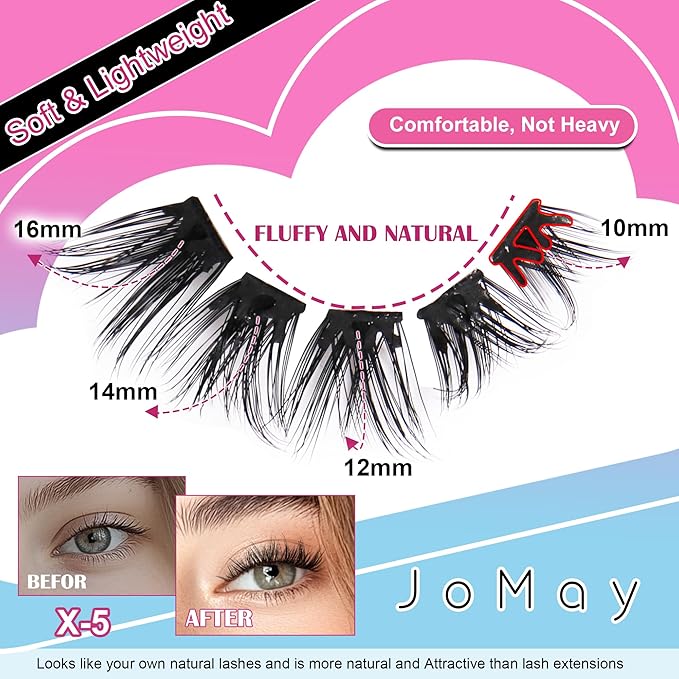 JoMay Self Adhesive Eyelashes, Press on Lashes No Glue Needed, Glueless Lashes Pre-Glued Natural Cluster Extension Kit D Curl For Beginners, No Sticky Residue 1 Step DIY 48PCS 10-16mm X5
