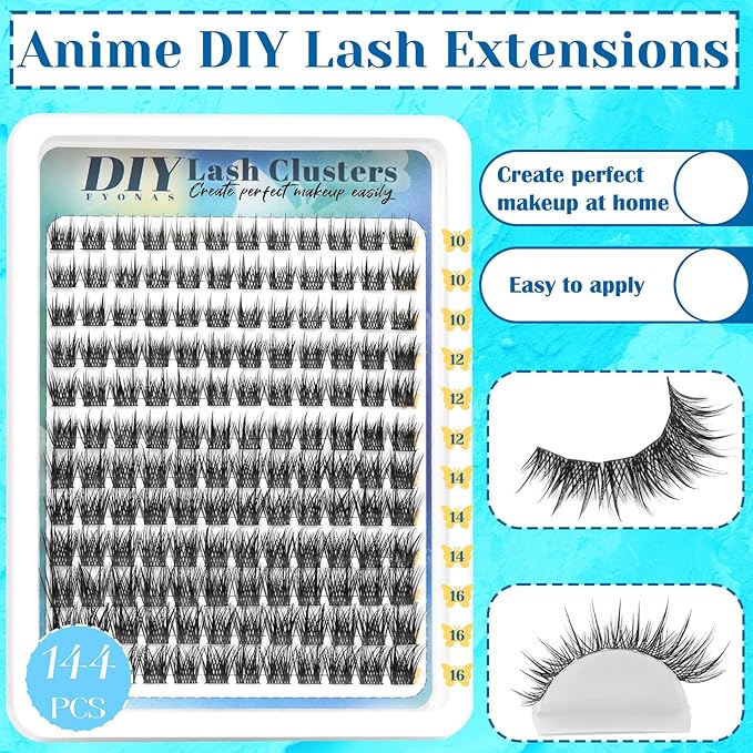 Lash Clusters Manga Eyelash Clusters 10-16mm Spiky Lashes Clusters CC Curl Natural Anime Cluster Eyelash Extensions 144pcs Wispy DIY Lash Extension (Chic)