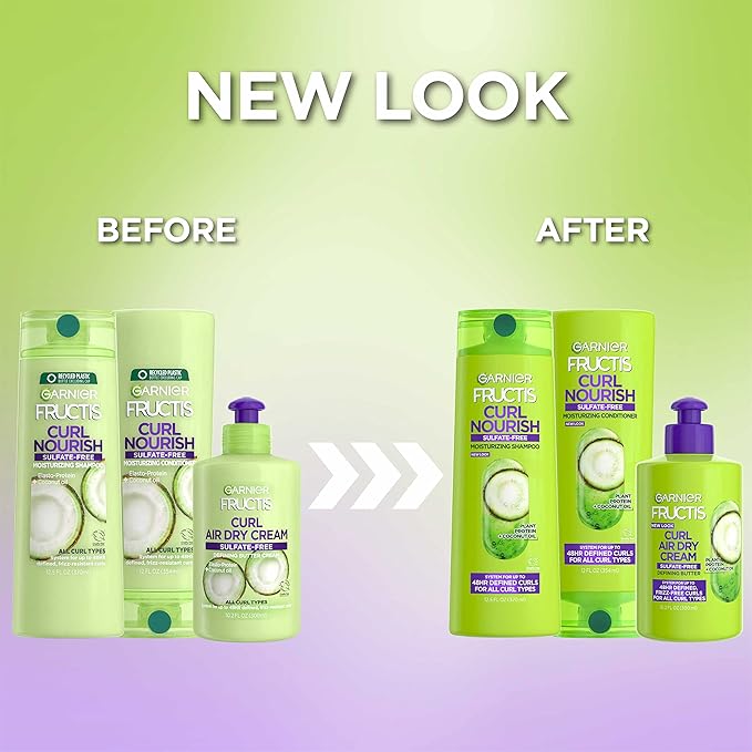 Garnier Fructis Curl Nourish Sulfate Free Moisturizing Shampoo, Conditioner + Air Dry Cream Defining Butter Set (3 Items), 1 Kit (Packaging May Vary)