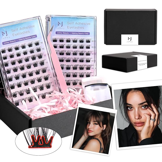 JoMay Self Adhesive Eyelashes, Press on Lashes No Glue Needed, Glueless Lashes Pre-Glued Natural Cluster Extension Kit D Curl For Beginners, No Sticky Residue 1 Step DIY 96PCS 10-16mm X02-X04
