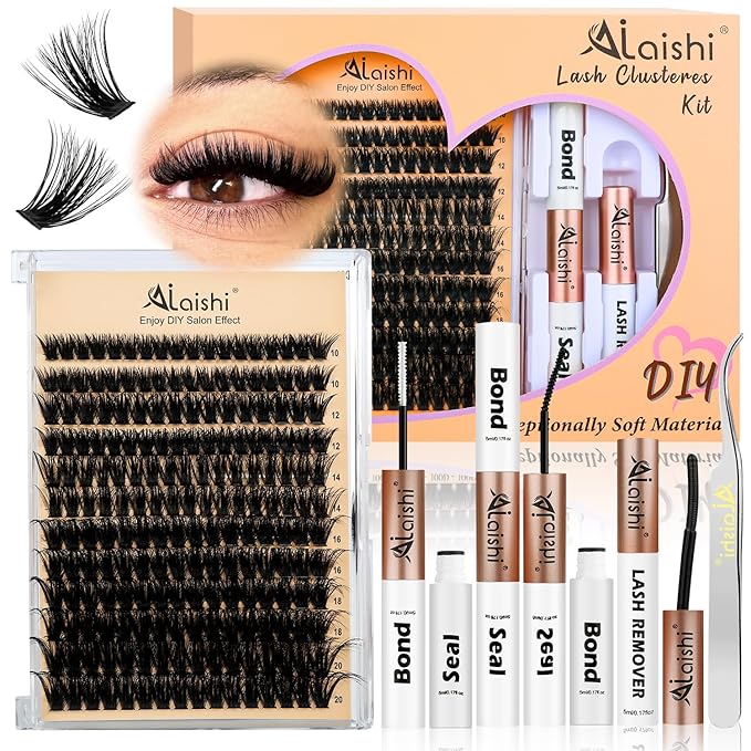 Lash Clusters Kit, DIY Cluster Eyelash Extensions 10‑20mm, 90D, 202pcs Fluffy D Curl Natural Lashes with Bond & Seal,Remover,Tweezers – Fake Cat Eye Individual Clusters