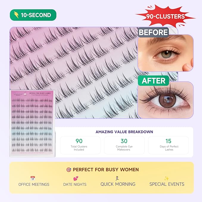 Pre Glued Lash Clusters Daily Individual Eyelashes No Glue Needed Self Adhesive Wispy Volume False Lashes,Premium Tweezers and Extra Travel Glue 90PCS