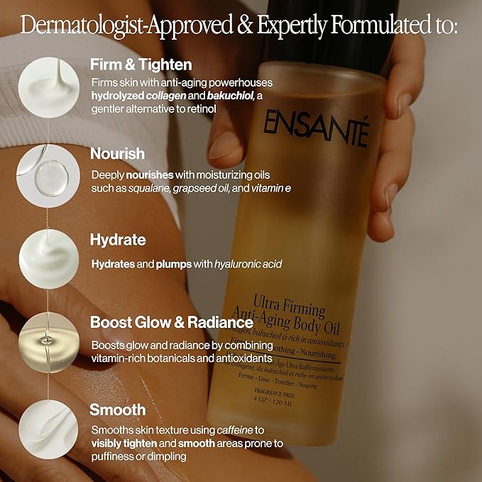 Body Firming Oil for Skin Firming and Tightening with Collagen, Bakuchiol, Squalane Oil, Vitamin E, Anti Aging Treatment, Anti Cellulite Massage Oil Cellulite Remover for Legs, Non Toxic, Non Greasy