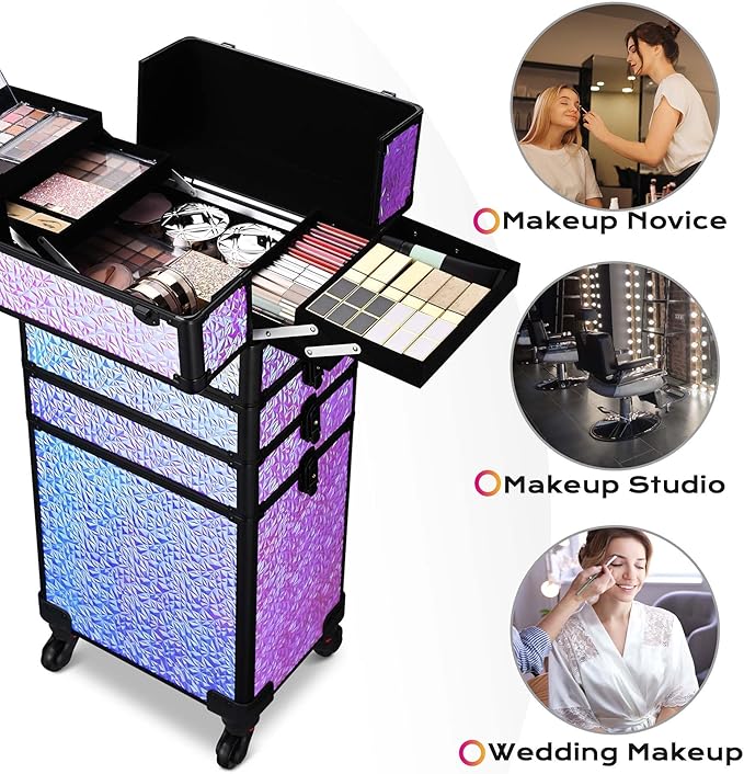 BYOOTIQUE 4in1 Rolling Makeup Case on wheels Nail Traveling Organizer box False Eyelash Storage for Nail Technician Beauty Salon Barbershop Hairstylist,Mermaid Purple