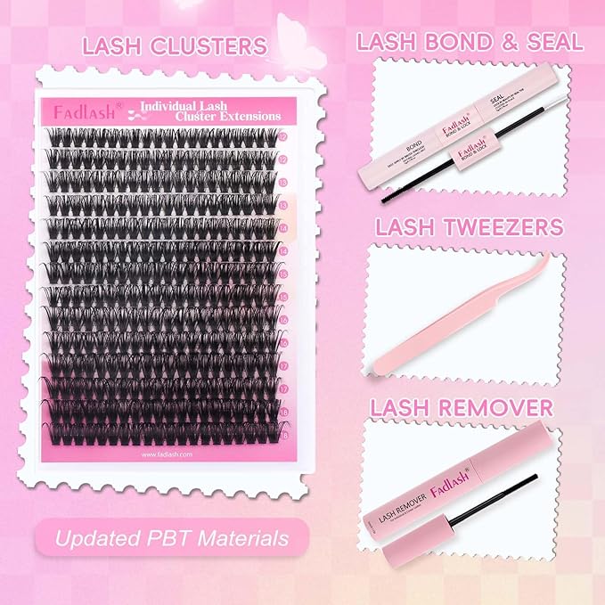 FADLASH DIY Lash Extension Kit Individual Lashes Cluster D Curl Eyelash Extension Kit D Curl Lash Clusters and Lash Applicator Tool for Self Application at Home(KIT 60D-D-12-18mm)