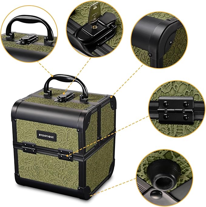 BYOOTIQUE Travel Makeup Case with Mirror 2-Tier Trays Cosmetic Storage Box Jewelry Organizer for Beautician Nail Tech Barbershop Hairstylist,Rococo Moss