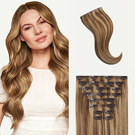 Luxy 100% Remy Human Hair - Seamless Clip-In Hair Extensions - Multi-Dimensional Color for Natural Blending, Adds Volume & Length 50 grams 12"Chestnut Brown Highlights Seamless