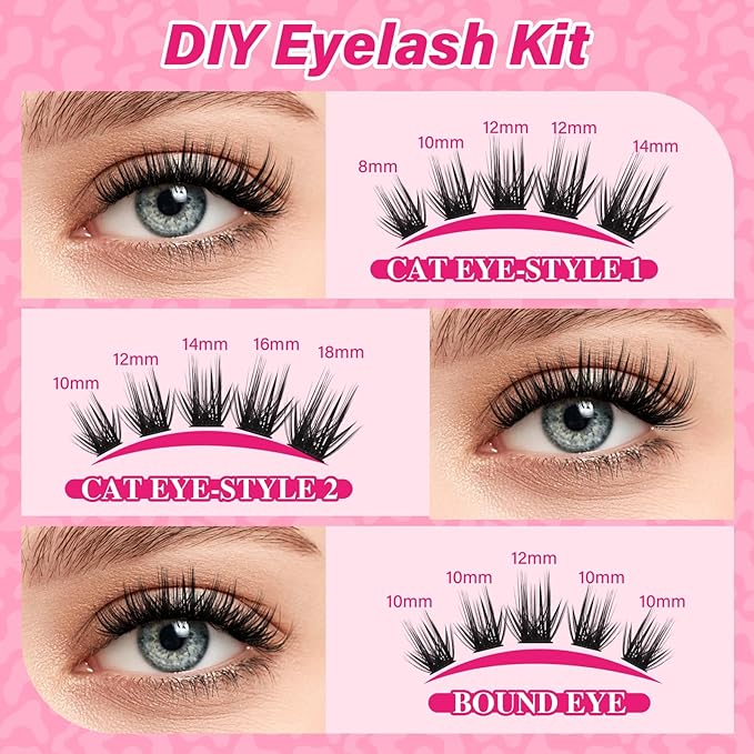 PRO LASHBEAUTY Lash Clusters Kit with Lash Bond and Seal Eyelash Applictor Lash Remover DIY Lash Extension Kit for Beginner Waterproof Resuable Eyelash Extensions at Home (Bloomy,8-18mix)