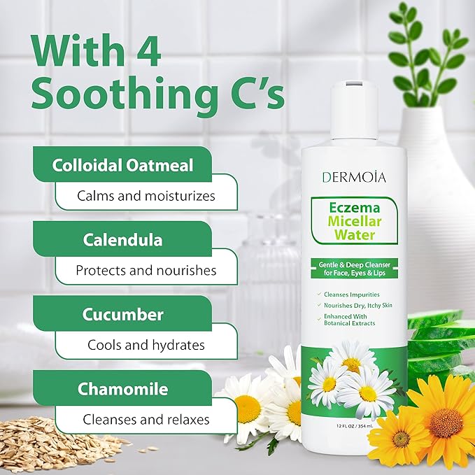 Eczema Micellar Water - Gentle Facial Cleanser and Makeup Remover for Sensitive & Eczema Prone Skin - Hydrating Micellar Cleansing Water with Soothing Colloidal Oatmeal & Cucumber (12 fl oz)