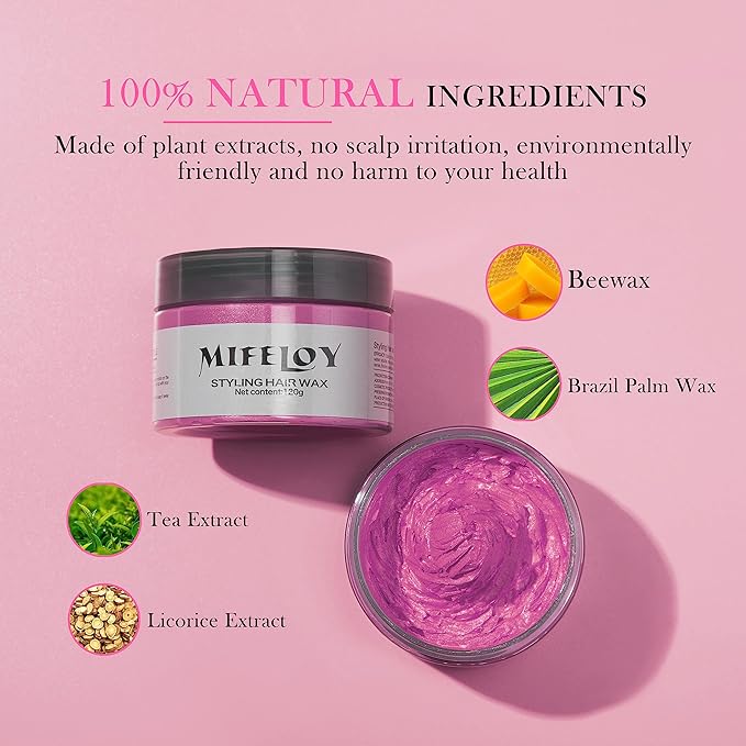 4.23 oz Temporary Pink Hair Color Wax with Dye Brush, Instant Natural Hairstyle Cream, Disposable Coloring Mud for Women Men Youth, Washable Styling Pomades, Party Cosplay DIY Halloween