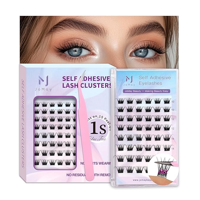 JoMay Self Adhesive Eyelashes, Press on Lashes No Glue Needed, Glueless Lashes Pre-Glued Natural Cluster Extension Kit D Curl For Beginners, No Sticky Residue 1 Step DIY 48PCS 10-16mm X02