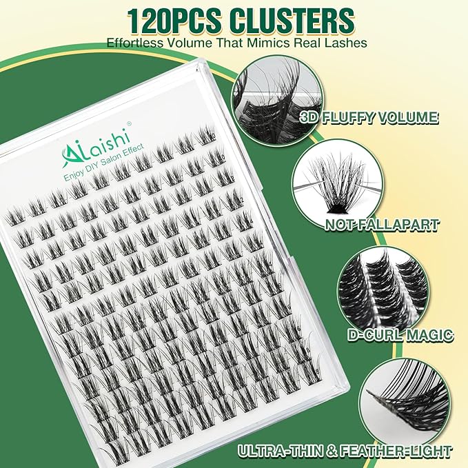 Lash Clusters Kit, DIY 3D Cluster Eyelash Extensions 10‑18mm,120pcs Fluffy D Curl Soft Natural Lashes with Bond and Seal,Remover,Tweezers,–Fake Cat Eye Wispy Individual Clusters MIX1-2-L