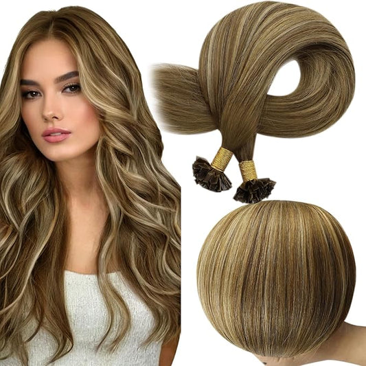 Full Shine Ktip Human Hair Extensions Medium Brown and Honey Blonde 14 Inch 50 Grams K Tip Hair Extensions Real Human Hair Prebonded Keratin Extensions Remy Hair