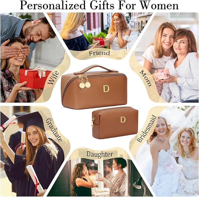 Birthday Gifts for Women Teen Girl, Personalized Initial Makeup Organizer Bag Set, Open Flat Travel Cosmetic Bag With Clear Divider and Handle(Brown,D)