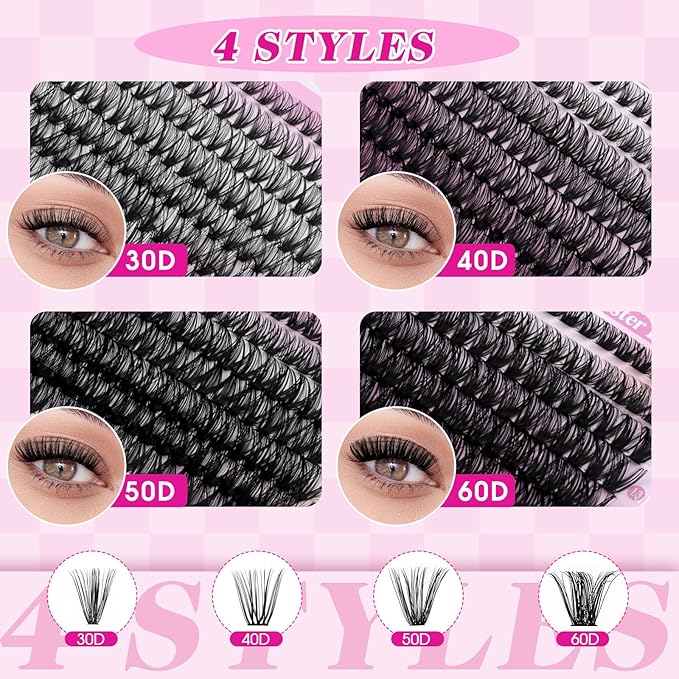 FADLASH Lash Clusters Kit 560Pcs Eyelash Clusters Kit 8-16mm Individual D Curl Cluster Eyelash Extensions with Lash Bond and Seal Lash Tweezers (30D+40D+50D+60D Kit 8-16mm)