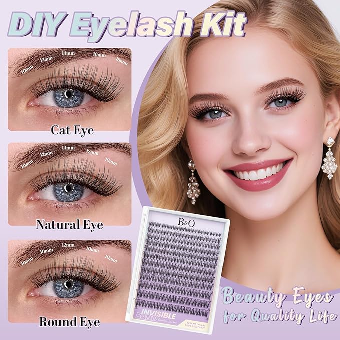 B&Q Venus Lash Clusters Kit Natural Lashes Clusters Wispy Invisible Band Manga Lashes Individual Lashes Bond and Seal Eyelash Extension Kit Easy Removal (Venus Kit-8-18MIX)