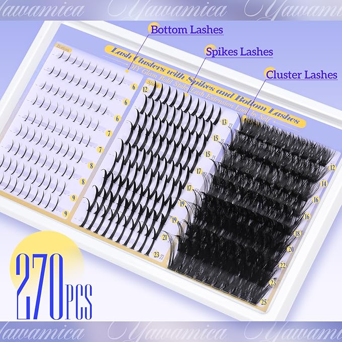 Volume Lash Clusters with Spikes and Bottom Lashes DIY Spiky Lash Extension Wispy Eyelash Clusters 12-25mm with Lash Spikes 13-23mm and 5-9mm Bottom Lashes D Curl Manga Lashes Clusters by Yawamica
