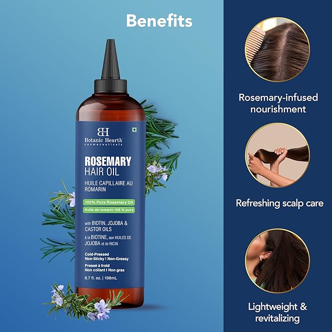 Botanic Hearth 100% Pure Rosemary Oil For Hair Growth | Infused with Biotin, Jojoba & Castor Oil | Hair Oil Repairs Dry Damaged Hair, Strengthening, Healthier - Hair Tonic, 6.7 fl oz - Pack of 2