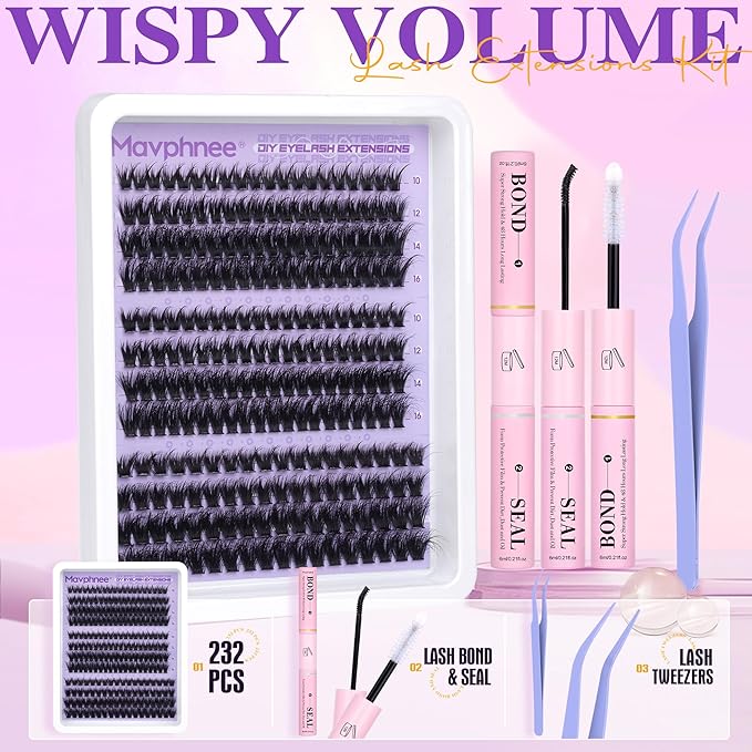 Volume Lash Clusters Kit D-Curly Eyelash Clusters Wispy Cluster Lashes Extensions Full Individual Lashes Clusters Eyelash Extensions Kit with Bond and Seal and Tweezers (232 Pcs, 10-16MM, 3 Styles)