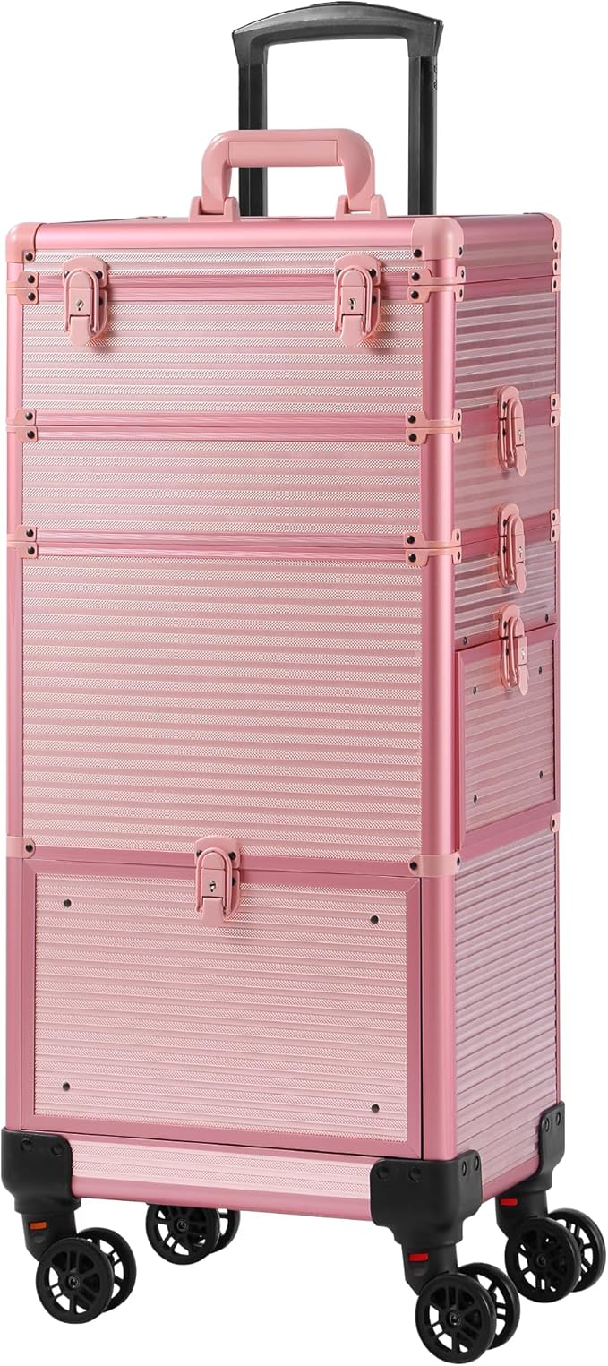 Makeup Train Case with Drawer, Rolling Makeup Case, Cosmetology Case on Wheels, Gift, Travel Makeup Organizers, Profesional Cosmetic Case for Salon Barber,Nail, Tattoo, Pink
