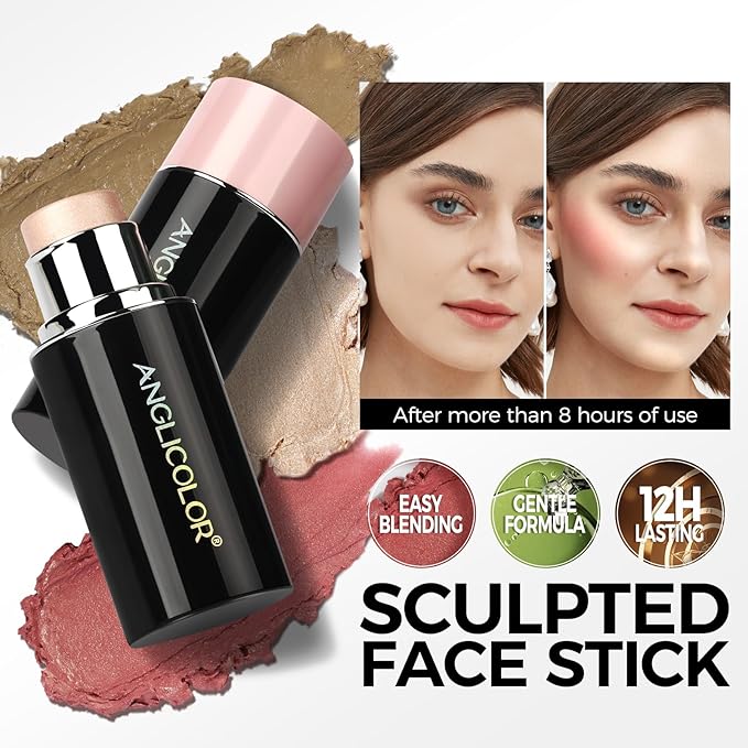 Anglicolor Highlighter Long Lasting, Contour Stick Makeup Naturally, Blush Makeup Smoothing, High Color Rendering, Easy To Mix, Vegan & Cruelty-Fre (Contour Stick+Highlighter)
