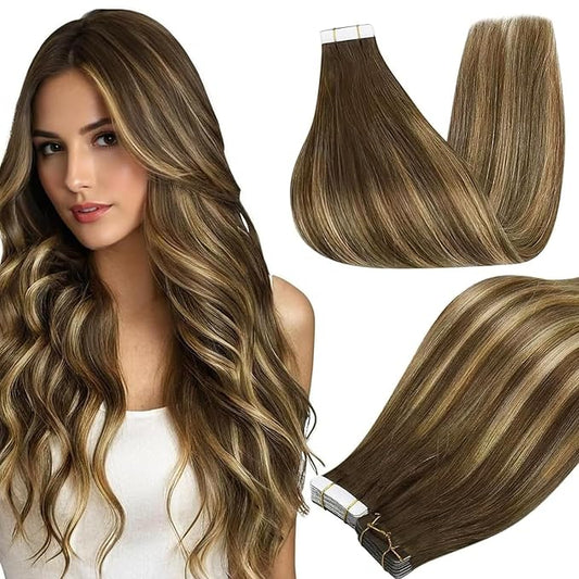 Full Shine 20Inch Tape in Hair Extensions Real Human Hair Brown to Blonde Color 4/24/4 Balayage Seamless Hair Extensions 20Pcs 50G Invisible Tape ins Human Hair Extension Remy Hair for Wedding