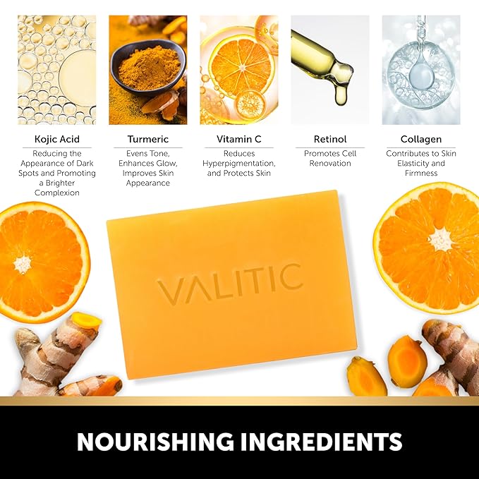 VALITIC 4 Pack Kojic Acid Dark Spot Corrector Soap Bars with Vitamin C, Retinol, Collagen, Turmeric - Original Japanese Complex - Hyaluronic Acid Bundle with 2 Black Exfoliating Gloves for Body Scrub