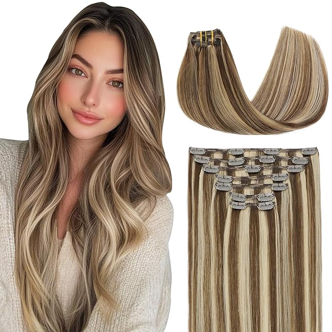 VINBAO Clip in Hair Extensions Real Human Hair 7Pcs 140 Grams Dark Brown Highlights Caramel Blonde Clip in Human Hair Extensions Straight Remy Hair 14 Inch Thick End (#HC4P27,14'')