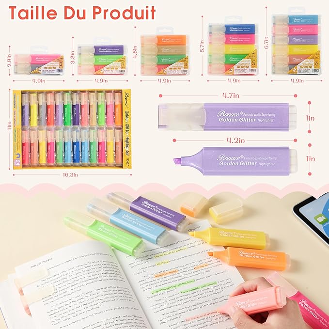 Silver Glitter Highlighters - Chisel Tip, No Bleed, Assorted Colors - 6 Pack Metallic Colors Cute Highlighter Markers, Pastel Highlighters for Journaling and School Supplies for Girls
