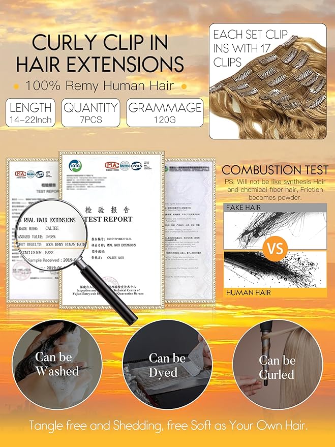 Caliee Natural Wave Curly Clip in Human Hair Extensions 18Inch Strawberry Blonde Full Head Hair Extensions for Black Women 7 Pieces Per Pack