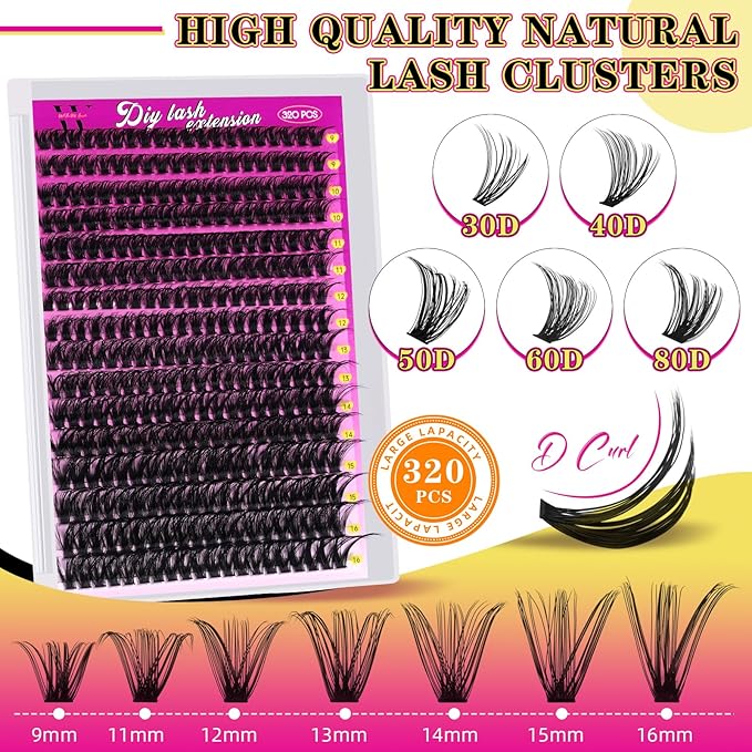 Lash Clusters 320PCS Individual Lashes D Curl Eyelash Clusters Mixed Length Cluster Eyelash Extensions Clusters Lashes with Thin Band Soft False Eyelashes DIY at Home(50D,D-Mix9-16mm)