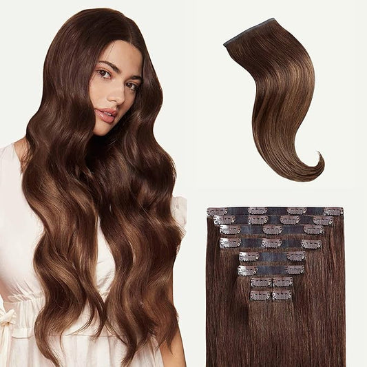 Luxy 100% Remy Human Hair - Seamless Clip-In Hair Extensions - Multi-Dimensional Color for Natural Blending, Adds Volume & Length 180 grams 20" Chocolate Brown Balayage