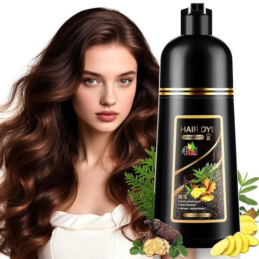 4 in 1 Hair Dye Shampoo for Gray Hair, Semi-Permanent Instant Chestnut Brown Hair Color Shampoo for Women and Men, Herbal Ingredients Hair Care, 100% Grey Coverage 500ml