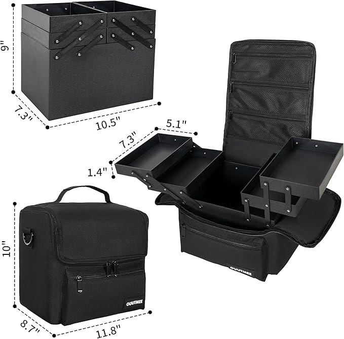 Makeup Travel Train Case, Black Makeup Carrying Organizer Bag, 4 Tier Professional Organizer Case with Straps Pockets for MakeUp Tools