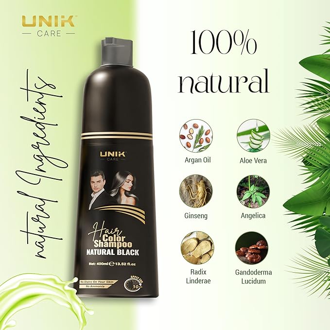 Black Hair Dye Shampoo 400ml – 3 in 1 Natural Color Shampoo for Grey Hair – Ammonia-Free Hair Dye for Women & Men – Long-Lasting Instant Natural Black Coverage
