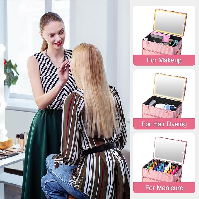 Makeup Train Case with LED Mirror, Rolling Makeup Case with Drawers, Cosmetology Case on Wheels, Gift, Travel Makeup Organizers, Profesional Cosmetic Case for Salon Barber,Nail, Tattoo, Pink