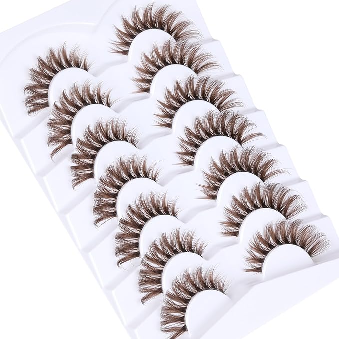 Brown Lashes Wispy Cat Eye Lashes Brown Eyelashes Clear Band CD-Curly False Eyelashes 7 Pairs Fake Eyelashes 11-18mm Full Strip Lashes by Ruairie