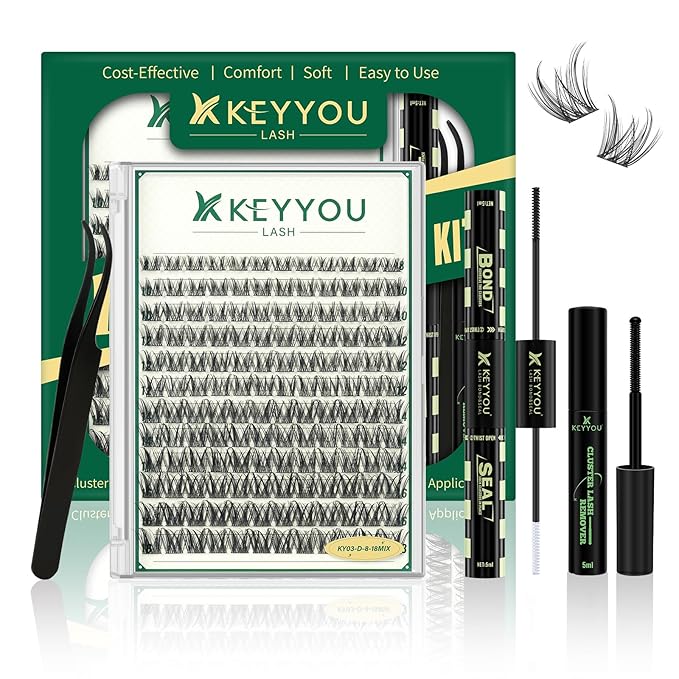 KEYYOULASH Lash Clusters Kit 144pcs 8-18MIX Natural&Wispy Cluster Lashes Thin Band Lash Extension Kit with Bond and Seal,Remover,Applicators for DIY Fluffy Eyelash Extension Kit at Home(KY03 Kit)