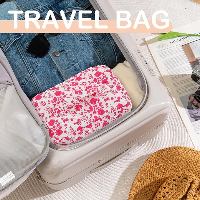 Makeup Bag for Women Quilted Corduroy Make Up Bag Travel Cosmetic Bag Large Makeup Bag Cute Makeup Bags Organizer Floral Toiletry Bag Makeup Pouch for Purse, Rose Floral-1PCS