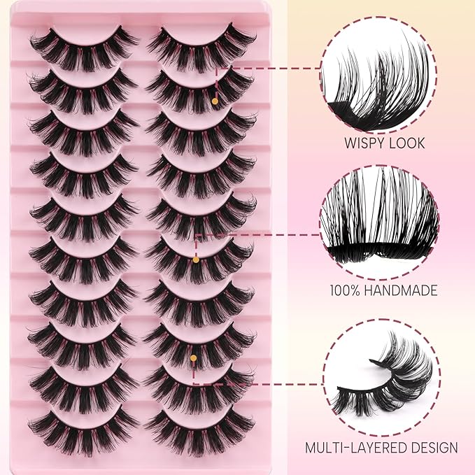 Ahrikiss Lashes Russian Strip Lashes That Look Like Extensions D Curl Fluffy False Eyelashes 10 Pairs 3D Volume Fake Lashes Wispy Faux Mink Lashes Natural Look (D19)