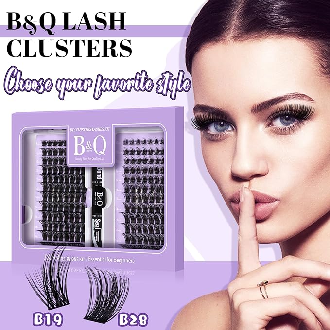 B&Q Lash Extension Kit 192 pcs Eyelash Extension Kit B19+B28 8-18mm Mixed Lash Clusters Kit Individual Lashes Kit Wispy with Lash Glue and Remover Applications Eyelash Kit (B19+B28, Kit)
