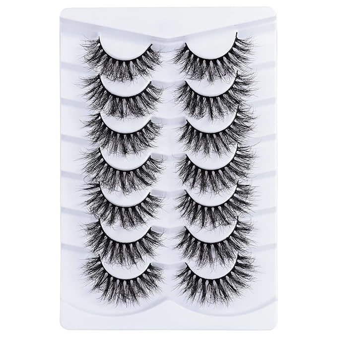 False Lashes Fake Eyelashes Cat Eye Lashes Faux Mink Lashes Natural Look 8D Fluffy Wispy Lashes That Look Like Extensions Pestañas Postizas D Curl Lash Strips 7 Pairs Pack