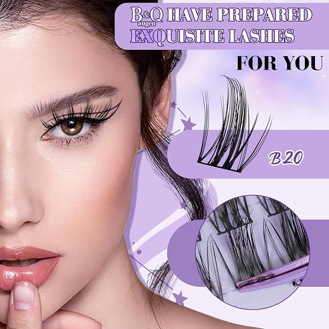 B&Q Wispy Lash Clusters Kit B20, DIY Lash Extension Kit 156PCS Eyelash Extension Kit, Soft Natural Lash Clusters 8-18MIX D Curl Lash cluster, Thin Black Band Cluster Eyelash Extensions (B20 Set)