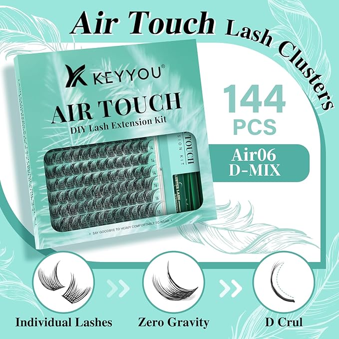 KEYYOU Lash Extension Kit 144pcs Air Touch Lash Clusters with Bond and Seal Lash Applicator Remover D Curl DIY Eyelash Extension Kit Easy to Apply at Home(Air06Kit-D-8-18Mix)